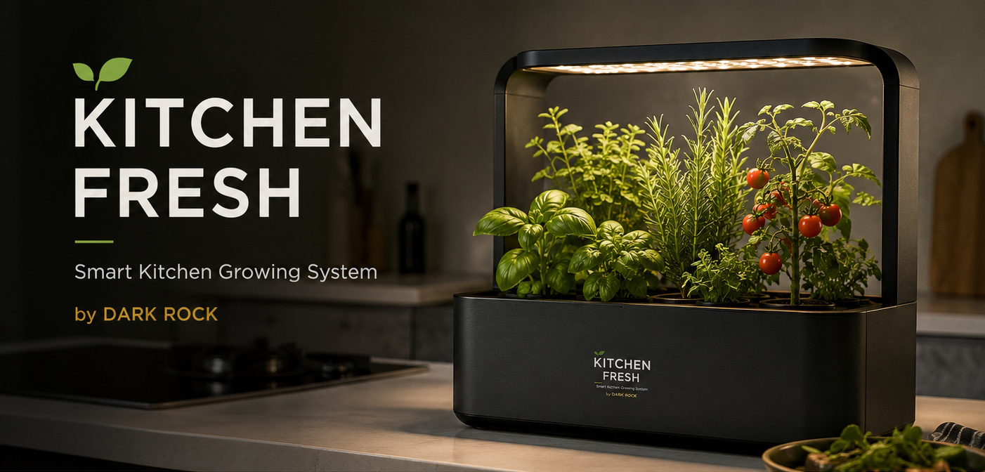 KITCHEN FRESH — Smart Kitchen Growing System — by DARK ROCK。黒い水耕栽培器と料理用ハーブのブランドビジュアル。
